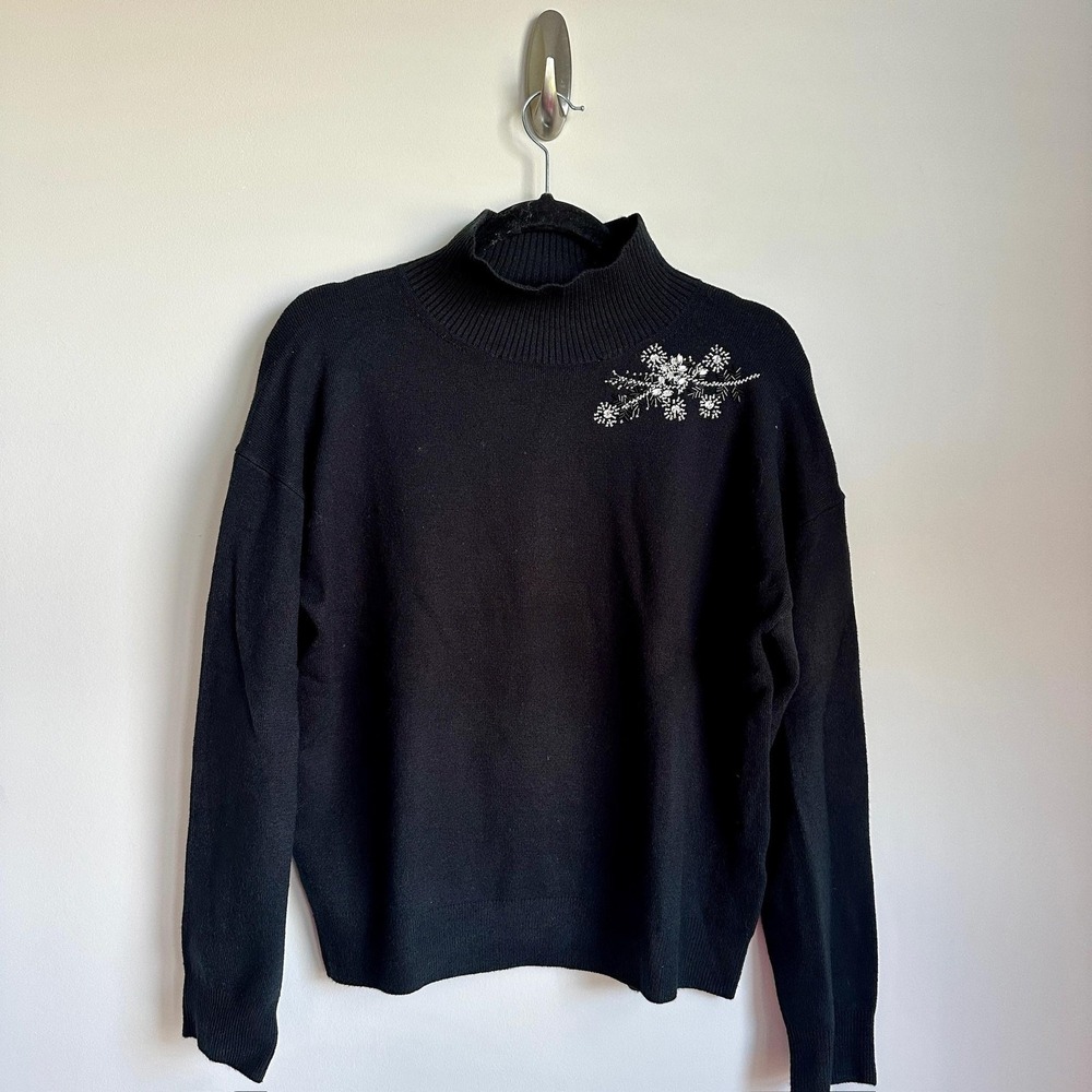 French Connection Sweater‎ Womens Small Black Beaded Embroidered Mock Neck NWT